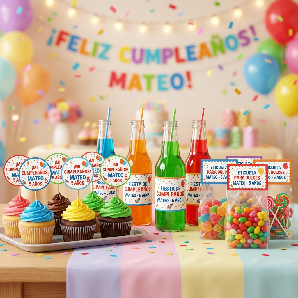Render 3D de etiquetas para cumpleaños en español