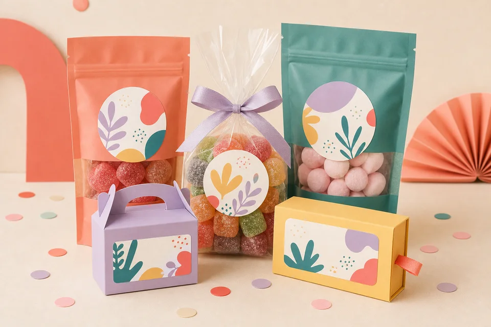 Bolsas de dulces y recuerdos con etiquetas coordinadas